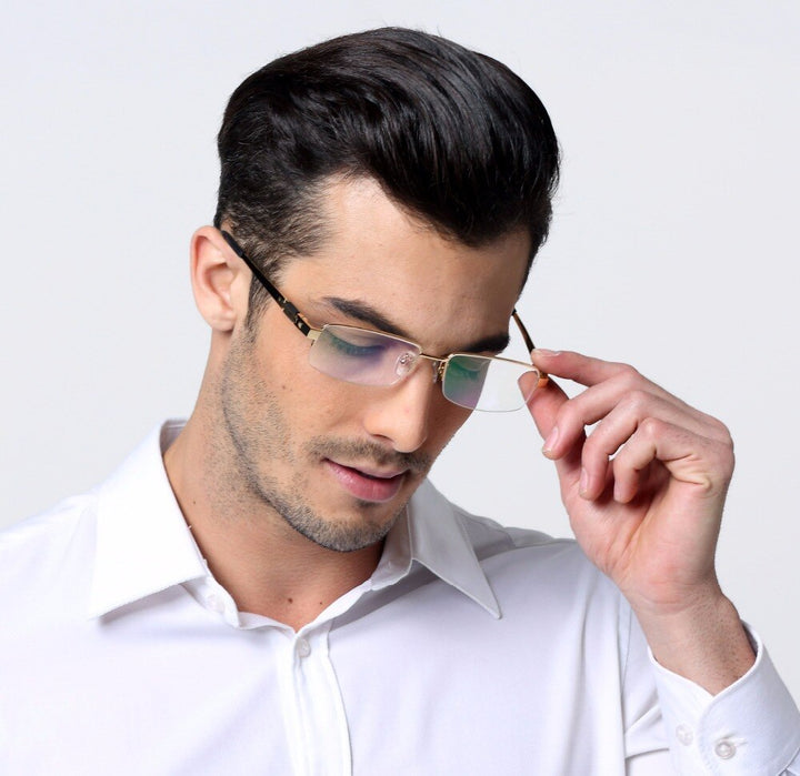 Hotochki Men's Semi Rim Rectangle Titanium Acetate Wood Eyeglasses 8001 Semi Rim Hotochki