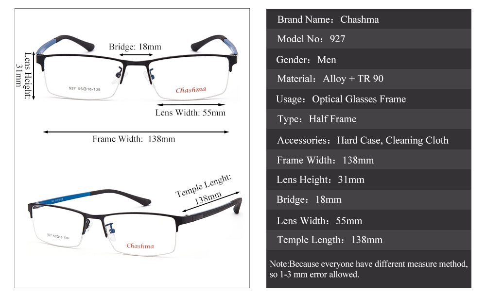 Chashma Ochki Men's Semi Rim Rectangle Alloy Eyeglasses 927 Semi Rim Chashma Ochki