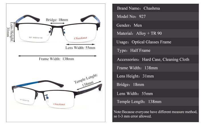 Chashma Ochki Men's Semi Rim Rectangle Alloy Eyeglasses 927 Semi Rim Chashma Ochki