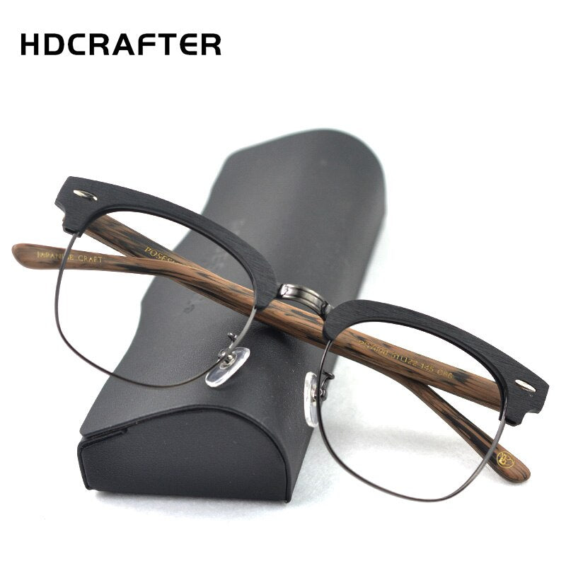Hdcrafter Unisex Full Rim Round Metal Wood Frame Eyeglasses Ps7090 Full Rim Hdcrafter Eyeglasses