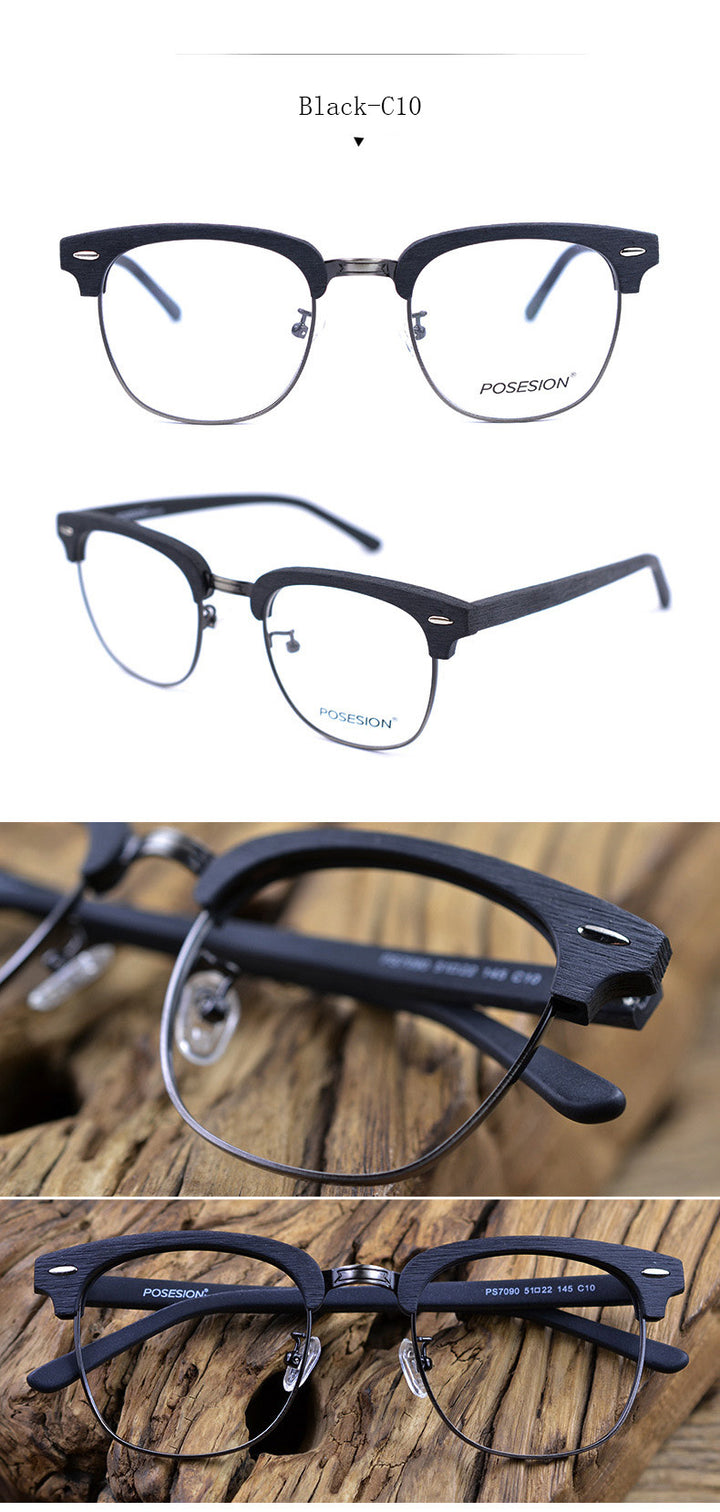 Hdcrafter Unisex Full Rim Round Metal Wood Frame Eyeglasses Ps7090 Full Rim Hdcrafter Eyeglasses   