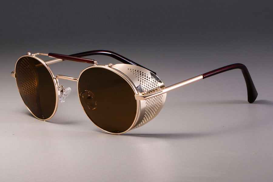 CCspace Unisex Full Rim Round Alloy Frame Steampunk Sunglasses ZML14 Sunglasses CCspace Sunglasses gold tea