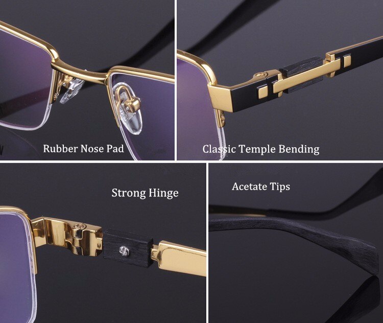 Hotochki Men's Semi Rim Rectangle Titanium Acetate Wood Eyeglasses 8001 Semi Rim Hotochki