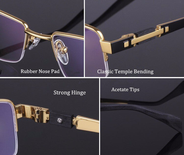 Hotochki Men's Semi Rim Rectangle Titanium Acetate Wood Eyeglasses 8001 Semi Rim Hotochki