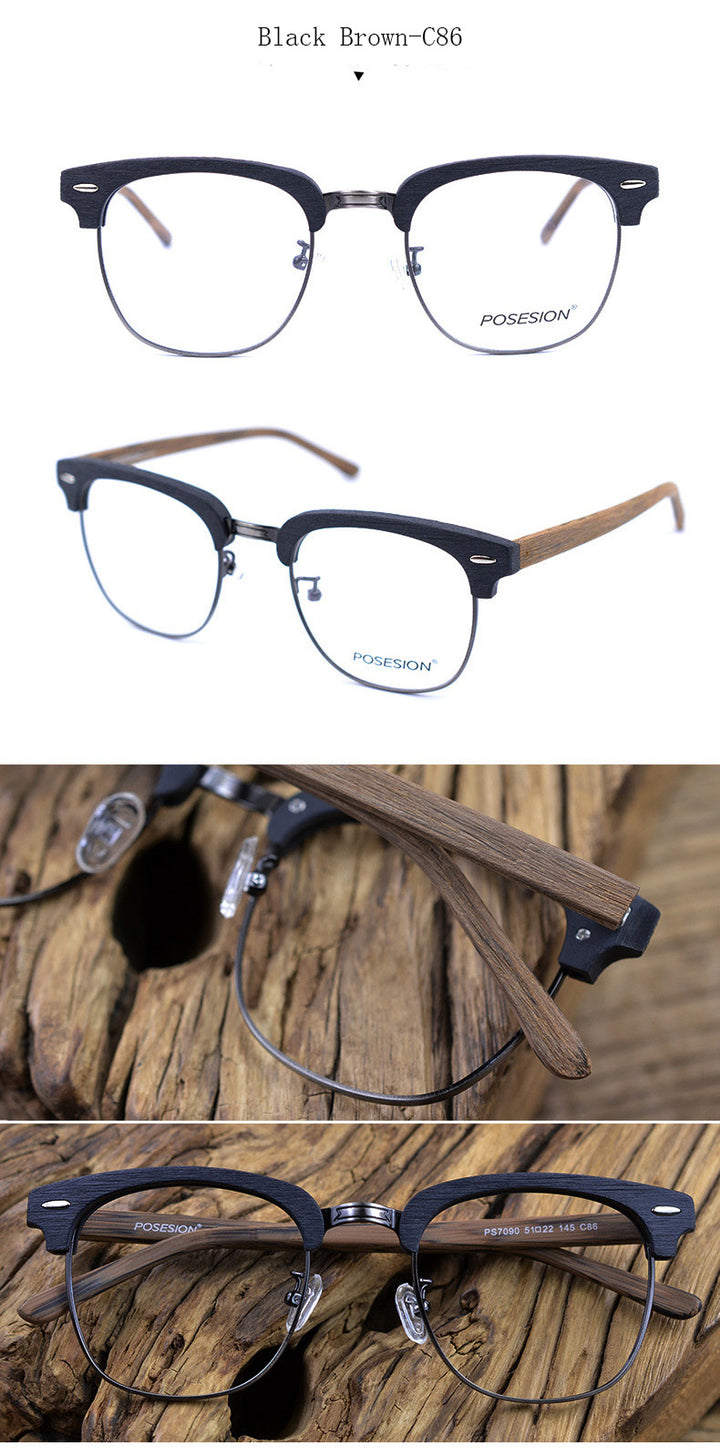 Hdcrafter Unisex Full Rim Round Metal Wood Frame Eyeglasses Ps7090 Full Rim Hdcrafter Eyeglasses   