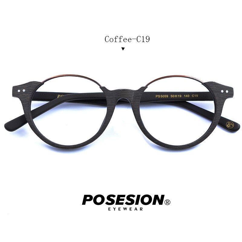 Hdcrafter Unisex Full Rim Round Metal Wood Frame Eyeglasses Ps5059 Full Rim Hdcrafter Eyeglasses Coffee