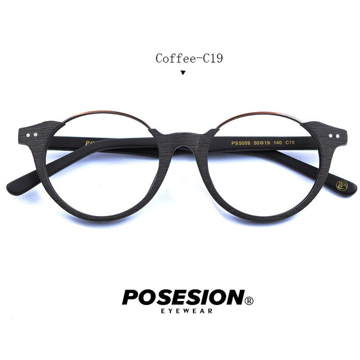 Hdcrafter Unisex Full Rim Round Metal Wood Frame Eyeglasses Ps5059 Full Rim Hdcrafter Eyeglasses Coffee  