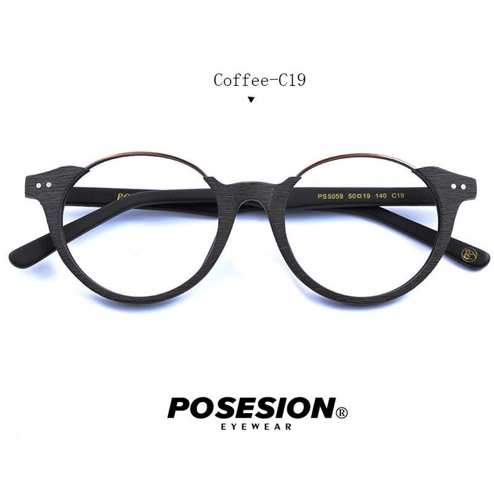 Hdcrafter Unisex Full Rim Round Metal Wood Frame Eyeglasses Ps5059 Full Rim Hdcrafter Eyeglasses Coffee