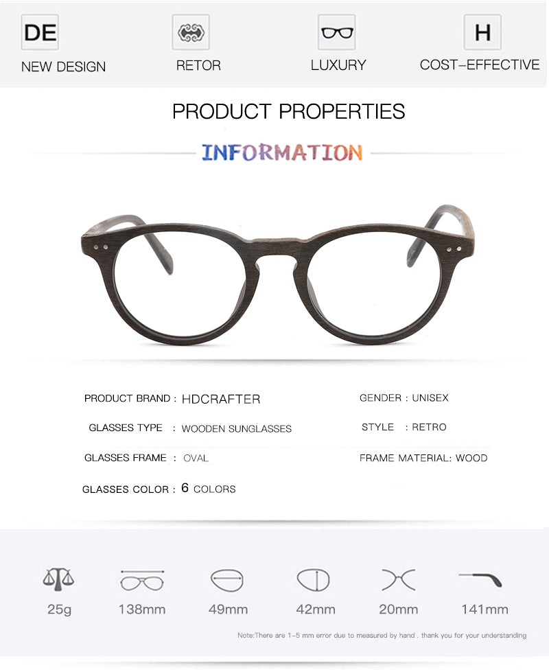 Hdcrafter Unisex Full Rim Round Wood Frame Eyeglasses Lhb030 Full Rim Hdcrafter Eyeglasses