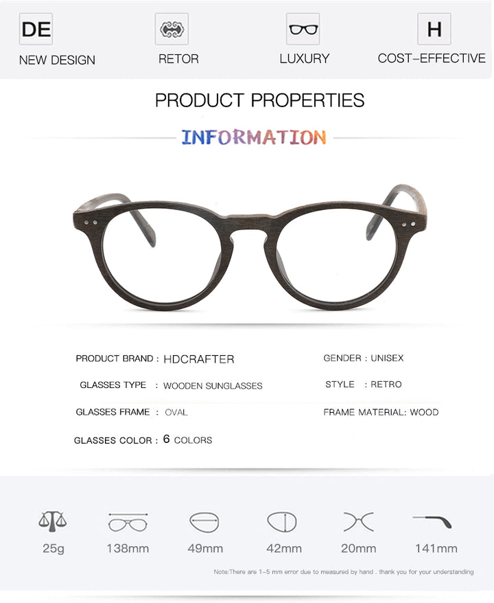 Hdcrafter Unisex Full Rim Round Wood Frame Eyeglasses Lhb030 Full Rim Hdcrafter Eyeglasses