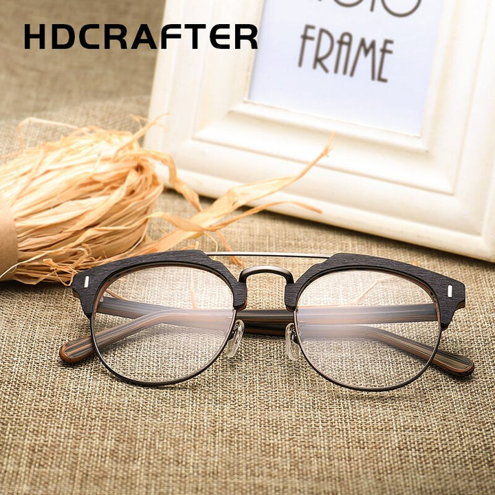 Hdcrafter Unisex Full Rim Round Wood Metal Frame Eyeglasses Bc01 Full Rim Hdcrafter Eyeglasses   