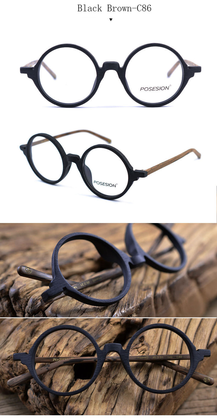 Hdcrafter Unisex Full Rim Round Metal Wood Frame Eyeglasses Ps6083 Full Rim Hdcrafter Eyeglasses   