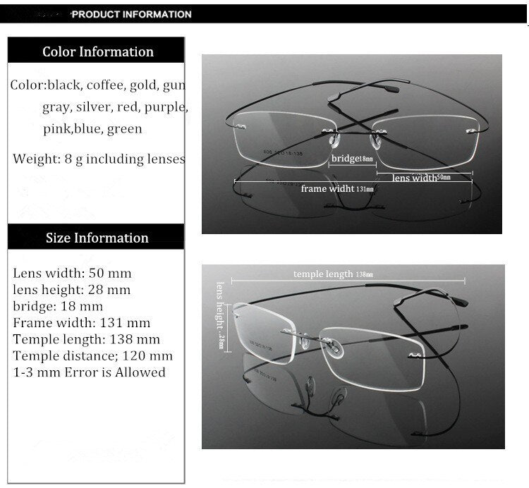 Chashma Ottica Unisex Rimless Rectangle Titanium Eyeglasses Frp1510 Rimless Chashma Ottica