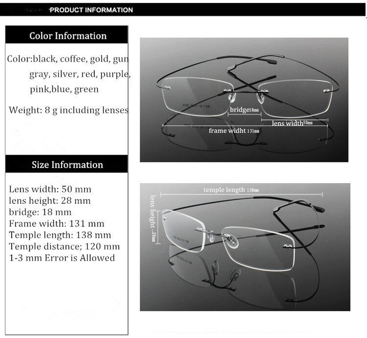 Chashma Ottica Unisex Rimless Rectangle Titanium Eyeglasses Frp1510 Rimless Chashma Ottica