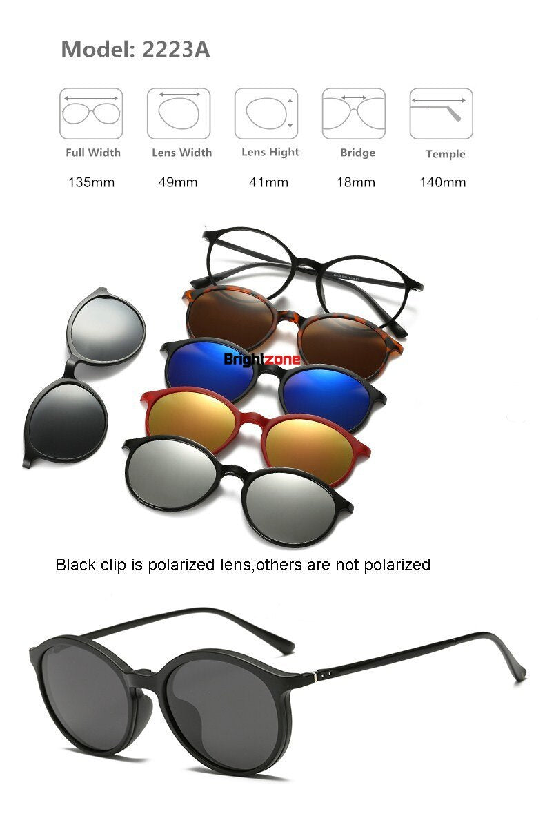 Unisex Eyeglasses Clip On Sunglasses 5 +1 Set 2201 Clip On Sunglasses Brightzone 2223A  