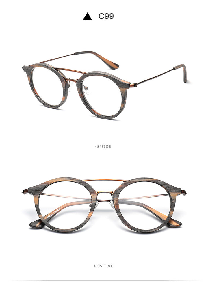 Hdcrafter Unisex Full Rim Round Wood Alloy Double Bridge Eyeglasses 4821 Full Rim Hdcrafter Eyeglasses