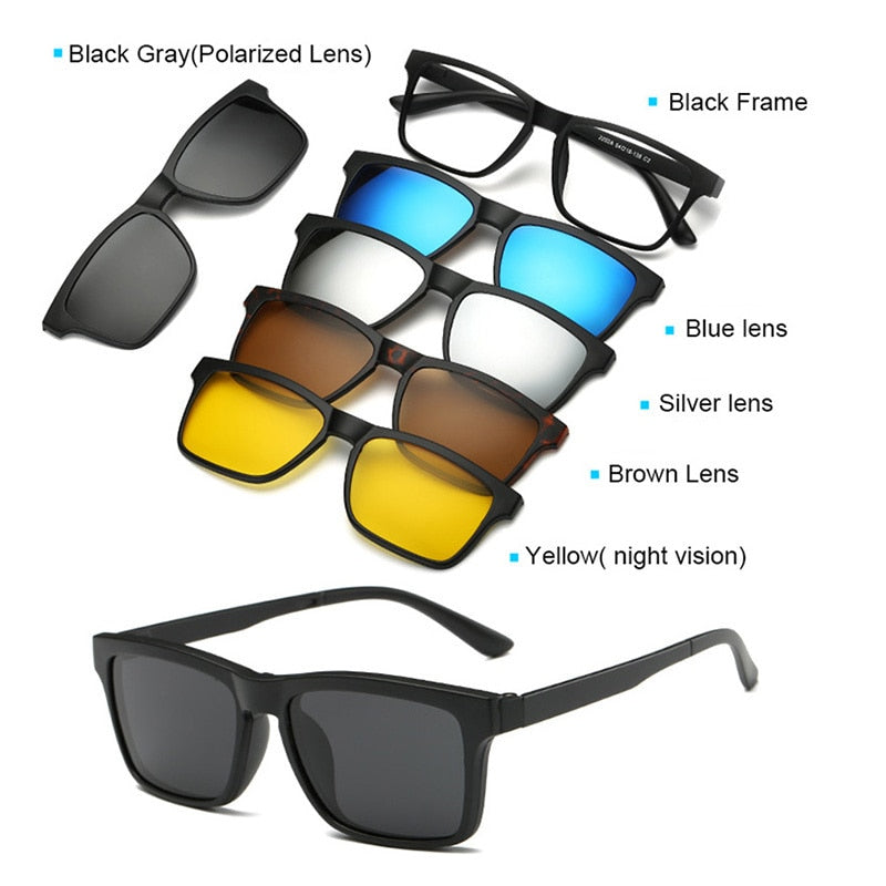 Unisex 5 Piece Clip On Sunglasses Polarized Magnetic Eyeglasses Sn2201-32 Clip On Sunglasses Brightzone   