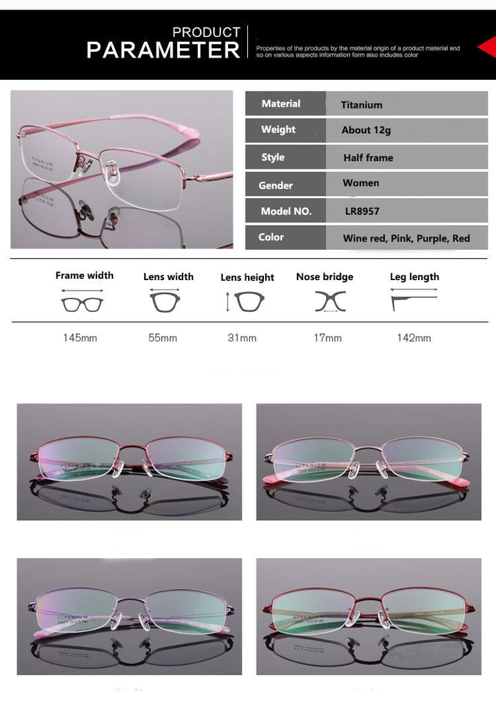 Women's Titanium Semi Rim Frame Eyeglasses Lr8957 Semi Rim Bclear