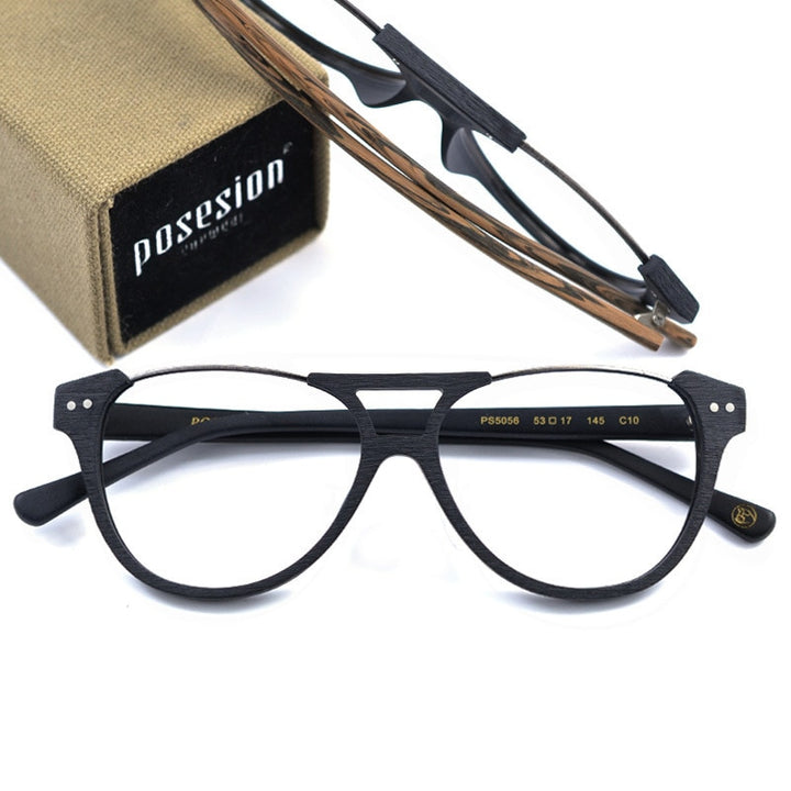 Hdcrafter Unisex Full Rim Round Double Bridge Metal Wood Frame Eyeglasses Ps5056 Full Rim Hdcrafter Eyeglasses