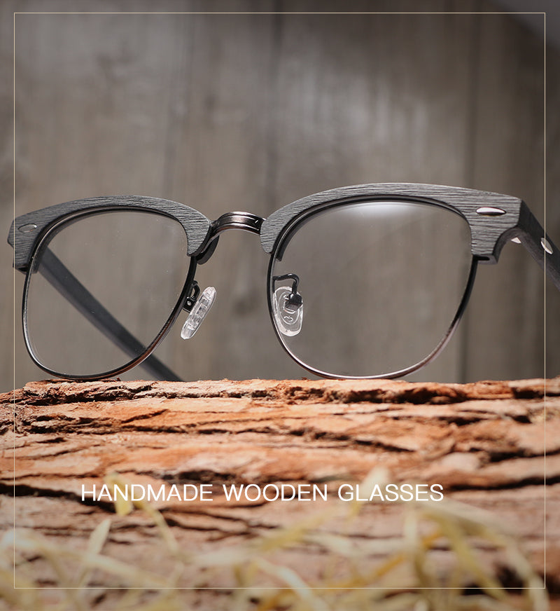 Hdcrafter Unisex Full Rim Round Half Wood Metal Frame Eyeglasses Full Rim Hdcrafter Eyeglasses