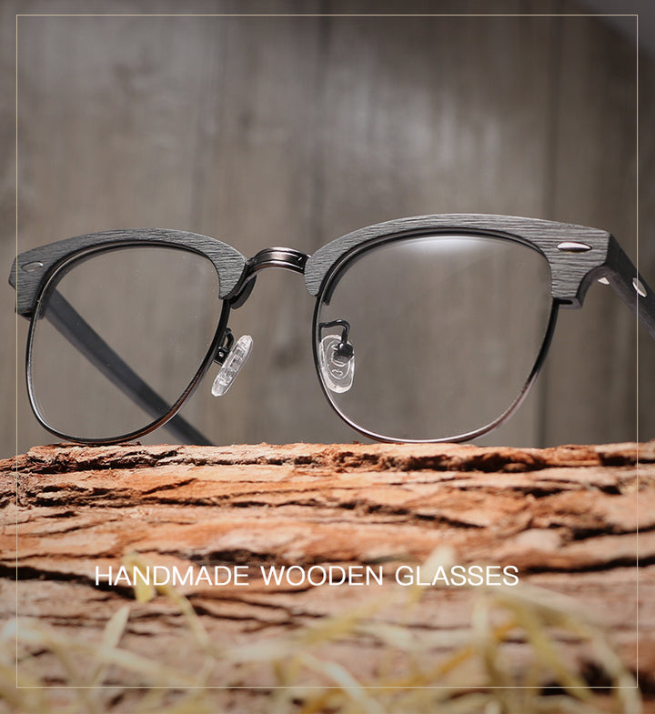 Hdcrafter Unisex Full Rim Round Half Wood Metal Frame Eyeglasses Full Rim Hdcrafter Eyeglasses