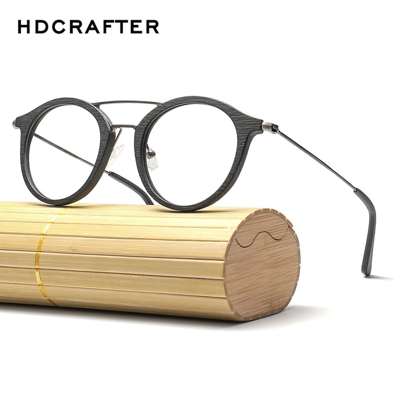 Hdcrafter Unisex Full Rim Round Wood Alloy Double Bridge Eyeglasses 4821 Full Rim Hdcrafter Eyeglasses