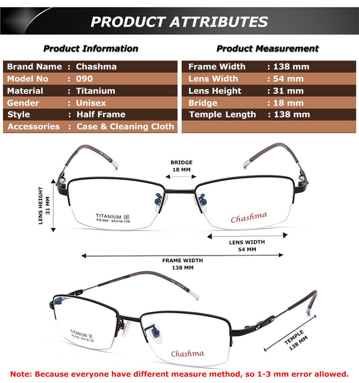 Chashma Ottica Men's Semi Rim Square Titanium Eyeglasses 090 Semi Rim Chashma Ottica