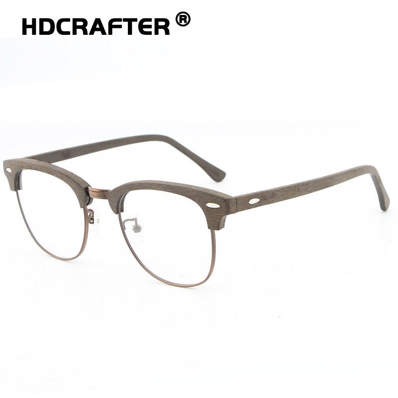 Hdcrafter Unisex Full Rim Round Half Wood Metal Frame Eyeglasses Full Rim Hdcrafter Eyeglasses