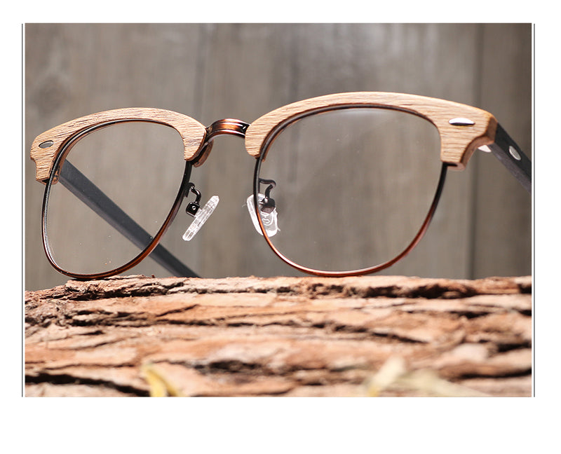 Hdcrafter Unisex Full Rim Round Half Wood Metal Frame Eyeglasses Full Rim Hdcrafter Eyeglasses