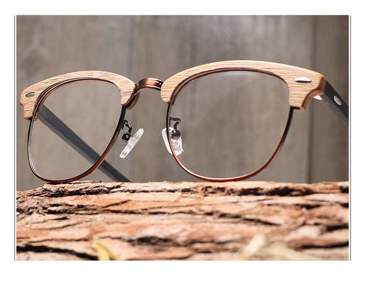 Hdcrafter Unisex Full Rim Round Half Wood Metal Frame Eyeglasses Full Rim Hdcrafter Eyeglasses