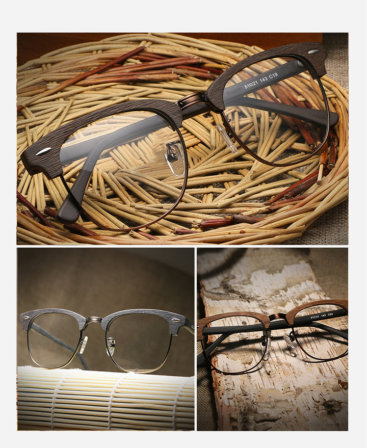 Hdcrafter Unisex Full Rim Round Half Wood Metal Frame Eyeglasses Full Rim Hdcrafter Eyeglasses