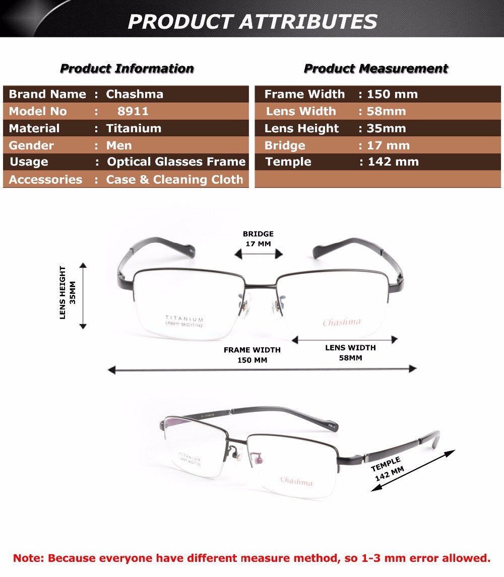 Chashma Ottica Semi Rim Oversized Square Titanium Eyeglasses 8911 Semi Rim Chashma Ottica