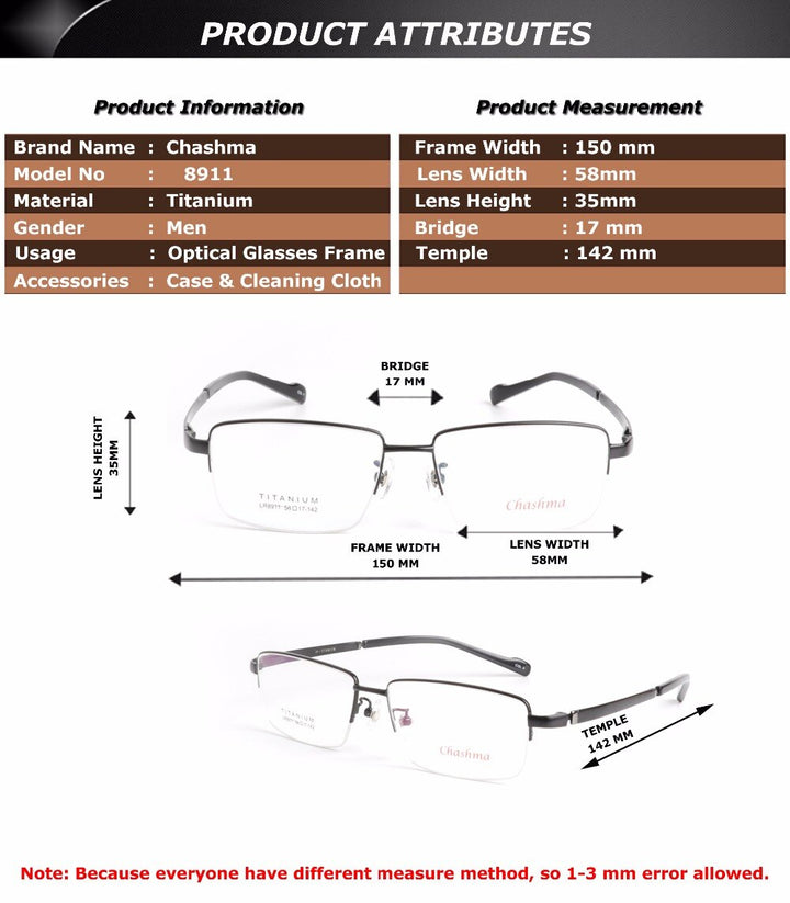 Chashma Ottica Semi Rim Oversized Square Titanium Eyeglasses 8911 Semi Rim Chashma Ottica