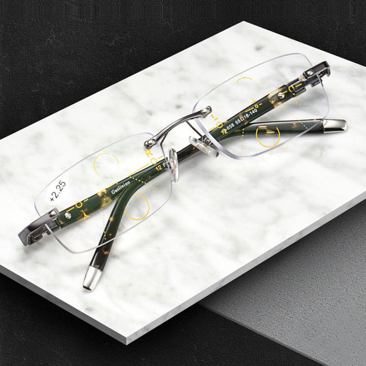 Hotochki Men's Rimless Titanium Alloy Frame Progressive Reading Glasses Anti Blue Light 656 Reading Glasses Hotochki