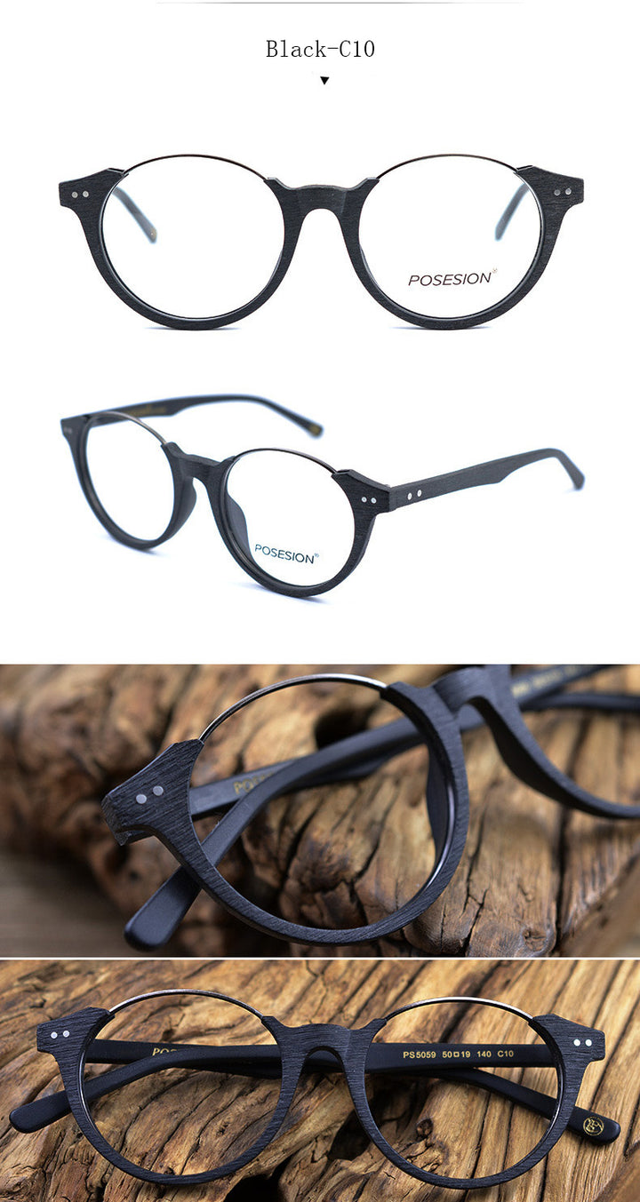 Hdcrafter Unisex Full Rim Round Metal Wood Frame Eyeglasses Ps5059 Full Rim Hdcrafter Eyeglasses   