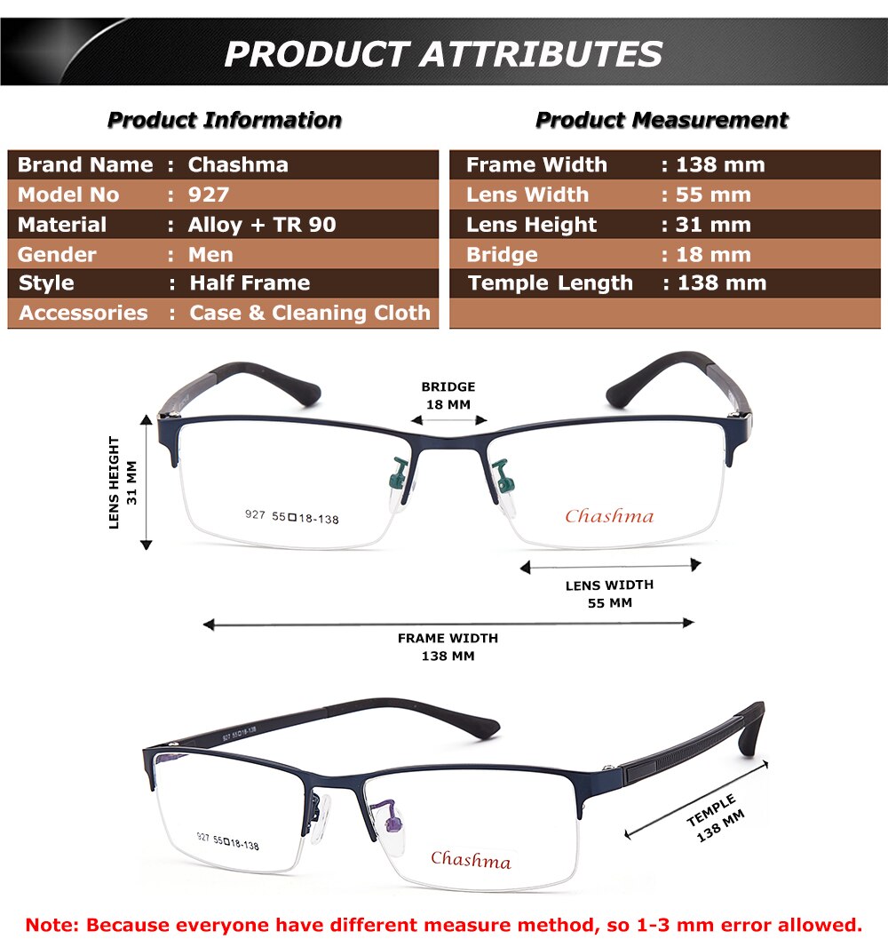 Chashma Ottica Men's Semi Rim Square Tr 90 Alloy Eyeglasses 927 Semi Rim Chashma Ottica
