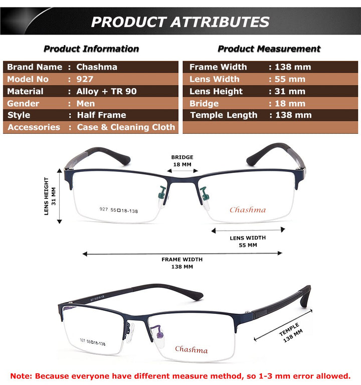 Chashma Ottica Men's Semi Rim Square Tr 90 Alloy Eyeglasses 927 Semi Rim Chashma Ottica