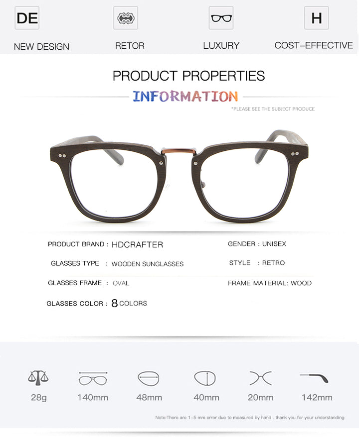 Hdcrafter Unisex Full Rim Square Round Wood Frame Eyeglasses Lbh025 Full Rim Hdcrafter Eyeglasses