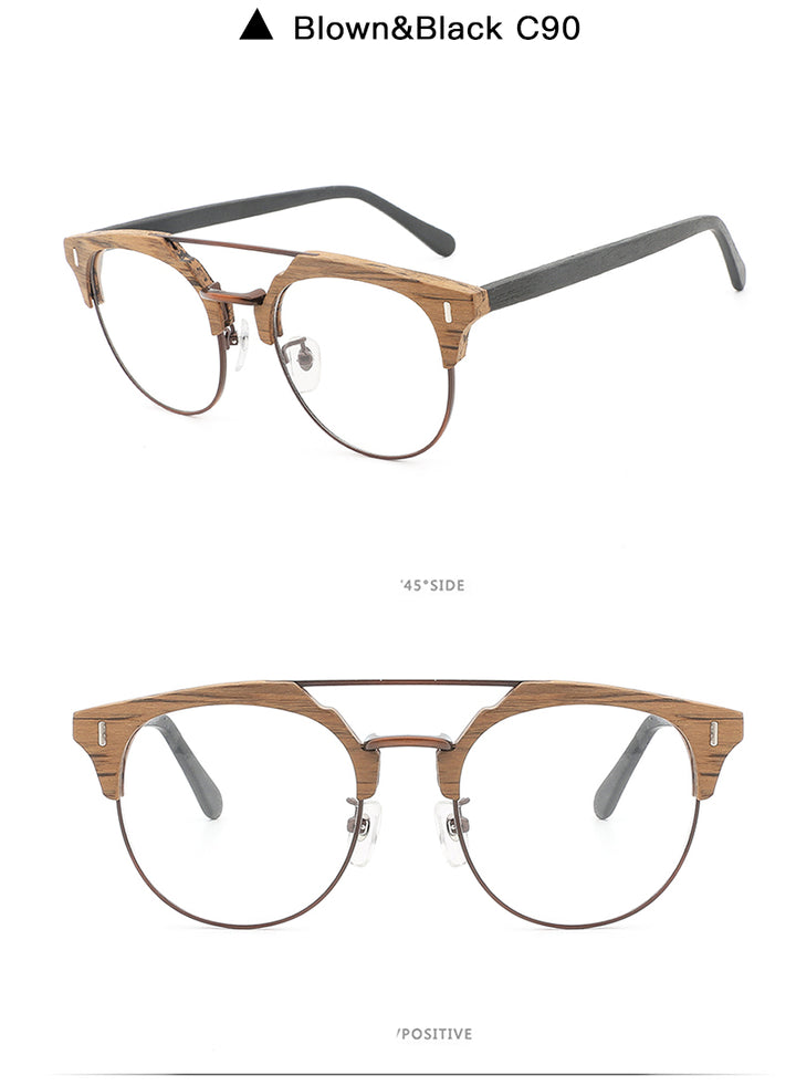 Hdcrafter Unisex Full Rim Round Wood Metal Frame Eyeglasses Bc01 Full Rim Hdcrafter Eyeglasses