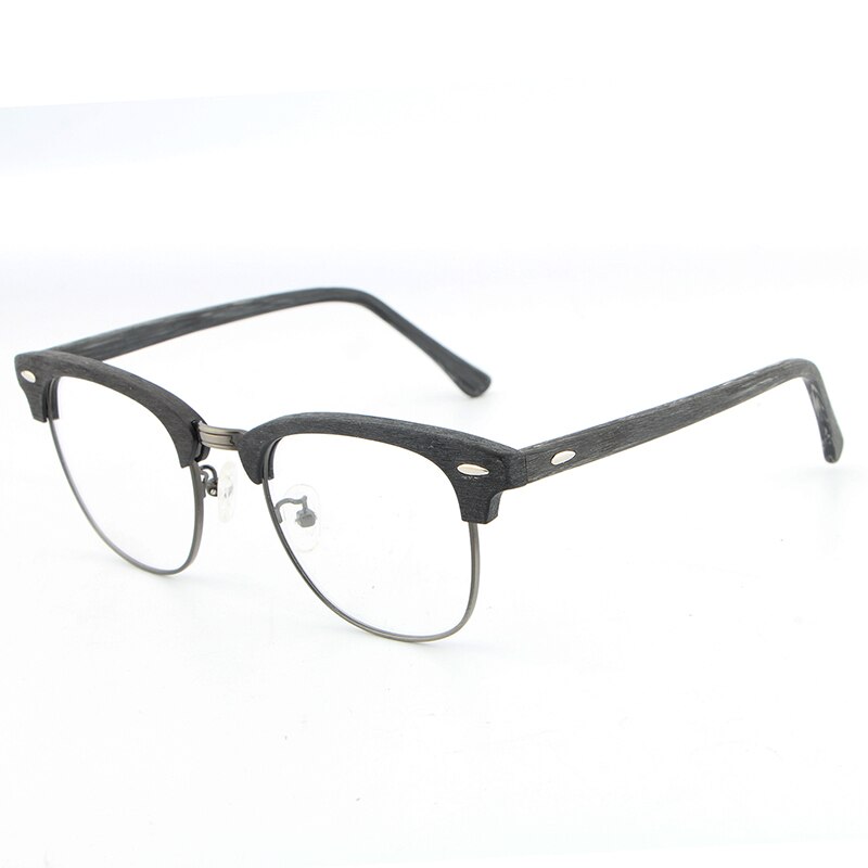 Hdcrafter Unisex Full Rim Round Half Wood Metal Frame Eyeglasses Full Rim Hdcrafter Eyeglasses black grey C82