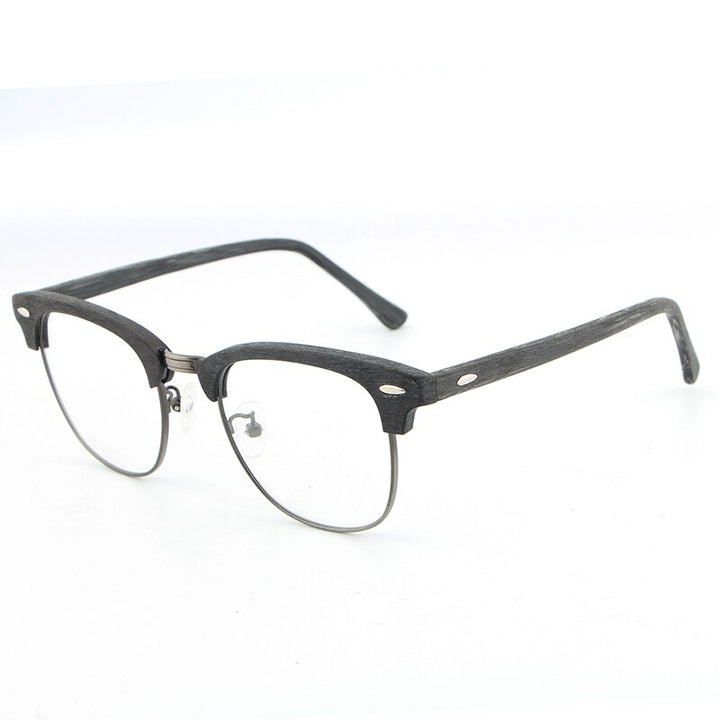 Hdcrafter Unisex Full Rim Round Half Wood Metal Frame Eyeglasses Full Rim Hdcrafter Eyeglasses black grey C82