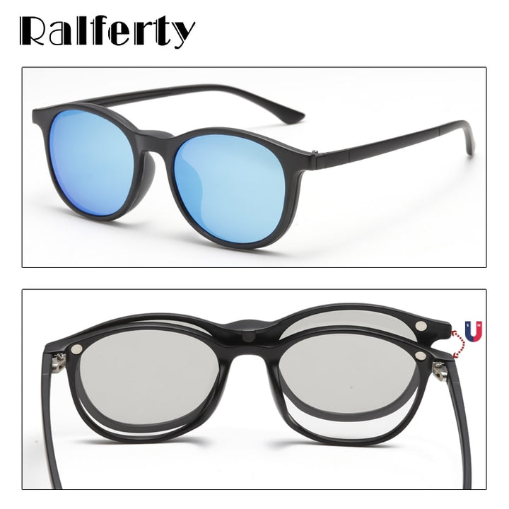 Ralferty 6 In 1 Magnet Sunglasses Women Polarized Eyeglass Frame With Clip On Glasses Men Round Uv400 Tr90 3D Yellow A2245 With Clip Ons Ralferty