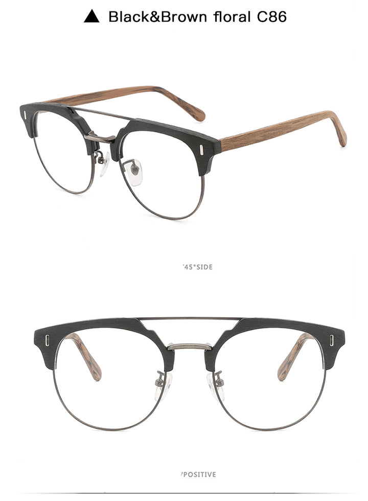 Hdcrafter Unisex Full Rim Round Wood Metal Frame Eyeglasses Bc01 Full Rim Hdcrafter Eyeglasses