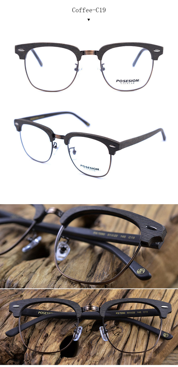 Hdcrafter Unisex Full Rim Round Metal Wood Frame Eyeglasses Ps7090 Full Rim Hdcrafter Eyeglasses   