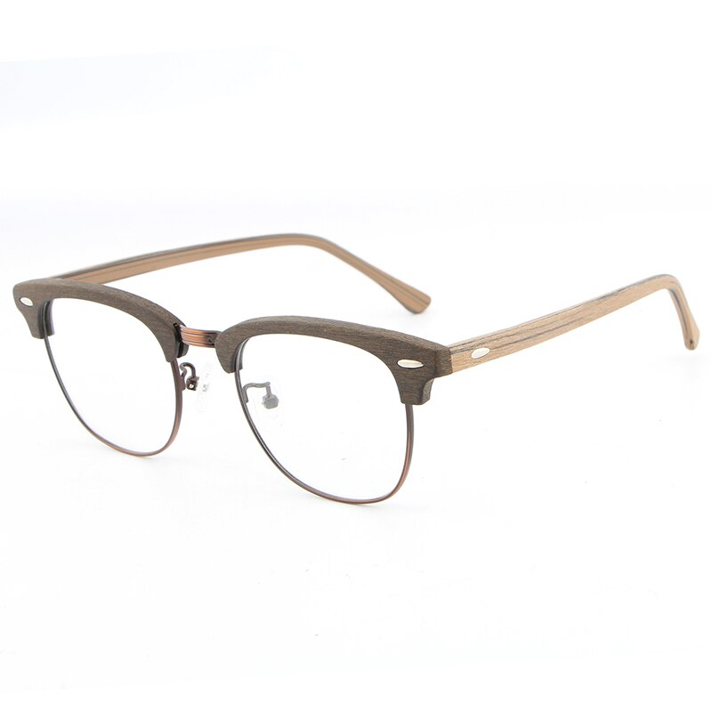 Hdcrafter Unisex Full Rim Round Half Wood Metal Frame Eyeglasses Full Rim Hdcrafter Eyeglasses coffee brown C62
