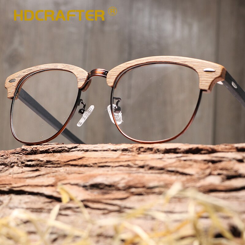Hdcrafter Unisex Full Rim Round Half Wood Metal Frame Eyeglasses Full Rim Hdcrafter Eyeglasses