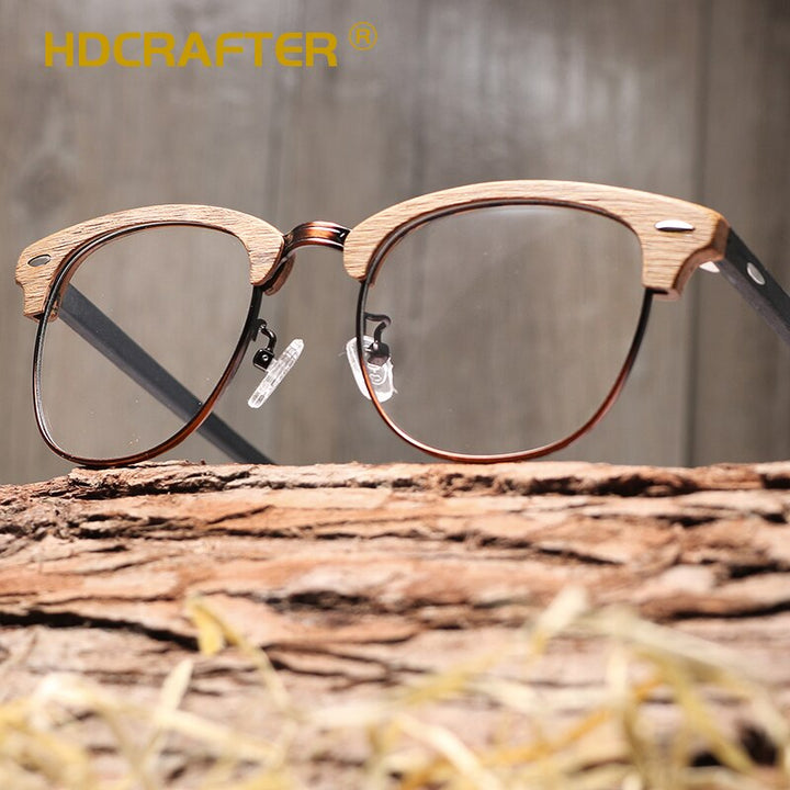 Hdcrafter Unisex Full Rim Round Half Wood Metal Frame Eyeglasses Full Rim Hdcrafter Eyeglasses   