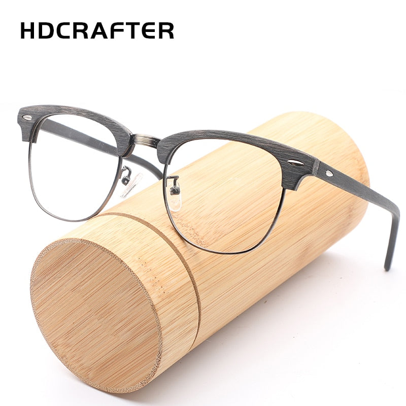 Hdcrafter Unisex Full Rim Round Half Wood Metal Frame Eyeglasses Full Rim Hdcrafter Eyeglasses