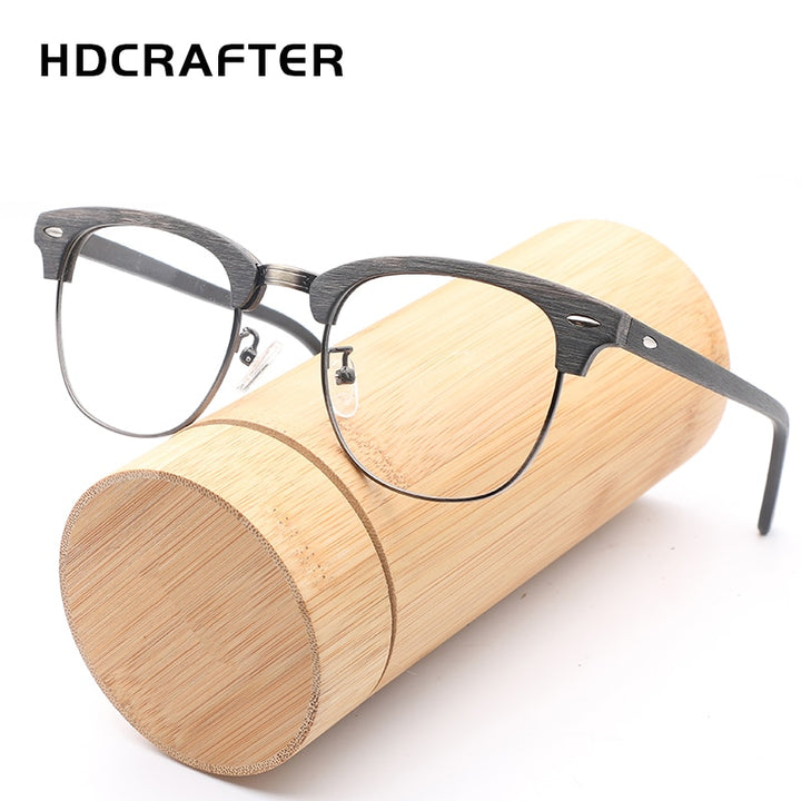 Hdcrafter Unisex Full Rim Round Half Wood Metal Frame Eyeglasses Full Rim Hdcrafter Eyeglasses