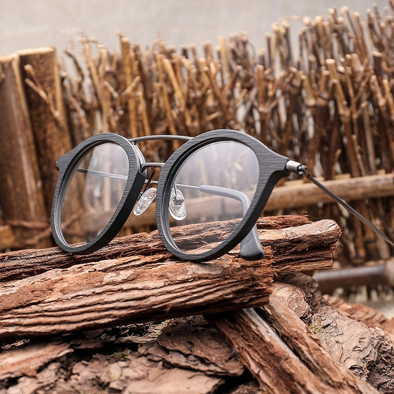 Hdcrafter Unisex Full Rim Round Wood Alloy Double Bridge Eyeglasses 4821 Full Rim Hdcrafter Eyeglasses